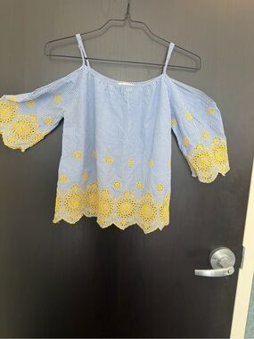 Rebellion Blue and Yellow Off-Shoulder Eyelet Top Medium